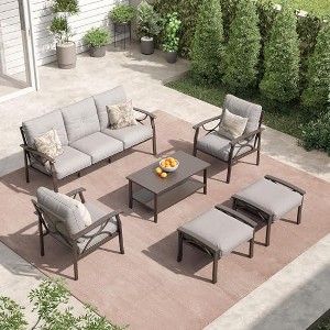 Heynemo Outdoor Patio Furniture Set, 6 Piece Patio Conversation Set with Coffee Table and Ottomans, Metal Furniture Set for Porch Backyard, Coffee - 1 of 4