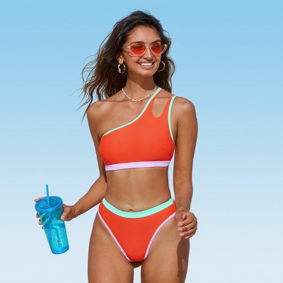 Women's Colorblock One-Shoulder Bikini Sets - Cupshe
