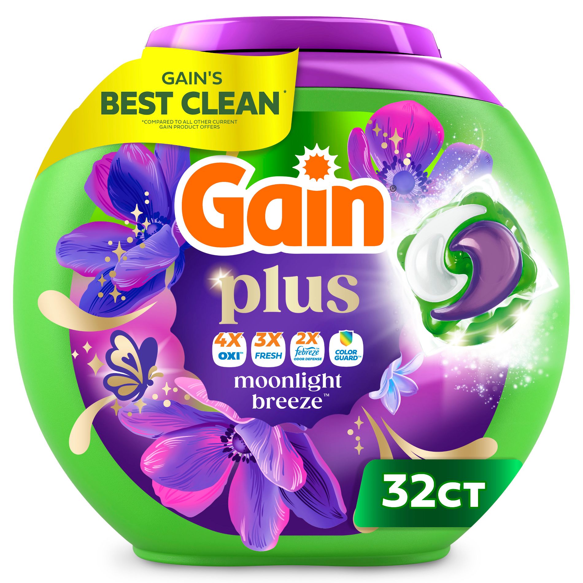 Gain Moonlight Breeze Super Flings Plus Laundry Detergents - 32ct: High Efficiency, Cold Water, Deep Cleaning, Odor Control