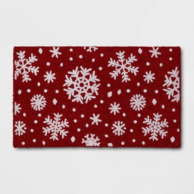 1'6"x2'6" Christmas Snowflakes Flocked Coir Doormat Red/White - Wondershop™: Outdoor Medium Pile Rectangle Mat