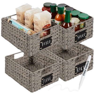 Water Hyacinth Storage Baskets for Organizing, Set of 2 Handwoven Pantry Organizers Nesting Container Baskets with Handle, Chalkboard Label & Chalk