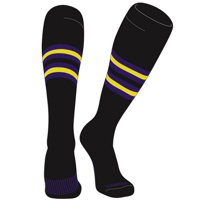 PEAR SOX Striped OTC Baseball, Softball, Football Socks (F) Black, Purple, Bright Yellow (XL)