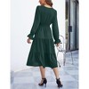 Women's Casual Wrap V Neck Midi Dress Long Sleeve Smocked Waist Tiered A Line Pleated Flowy Long Dress - 3 of 4