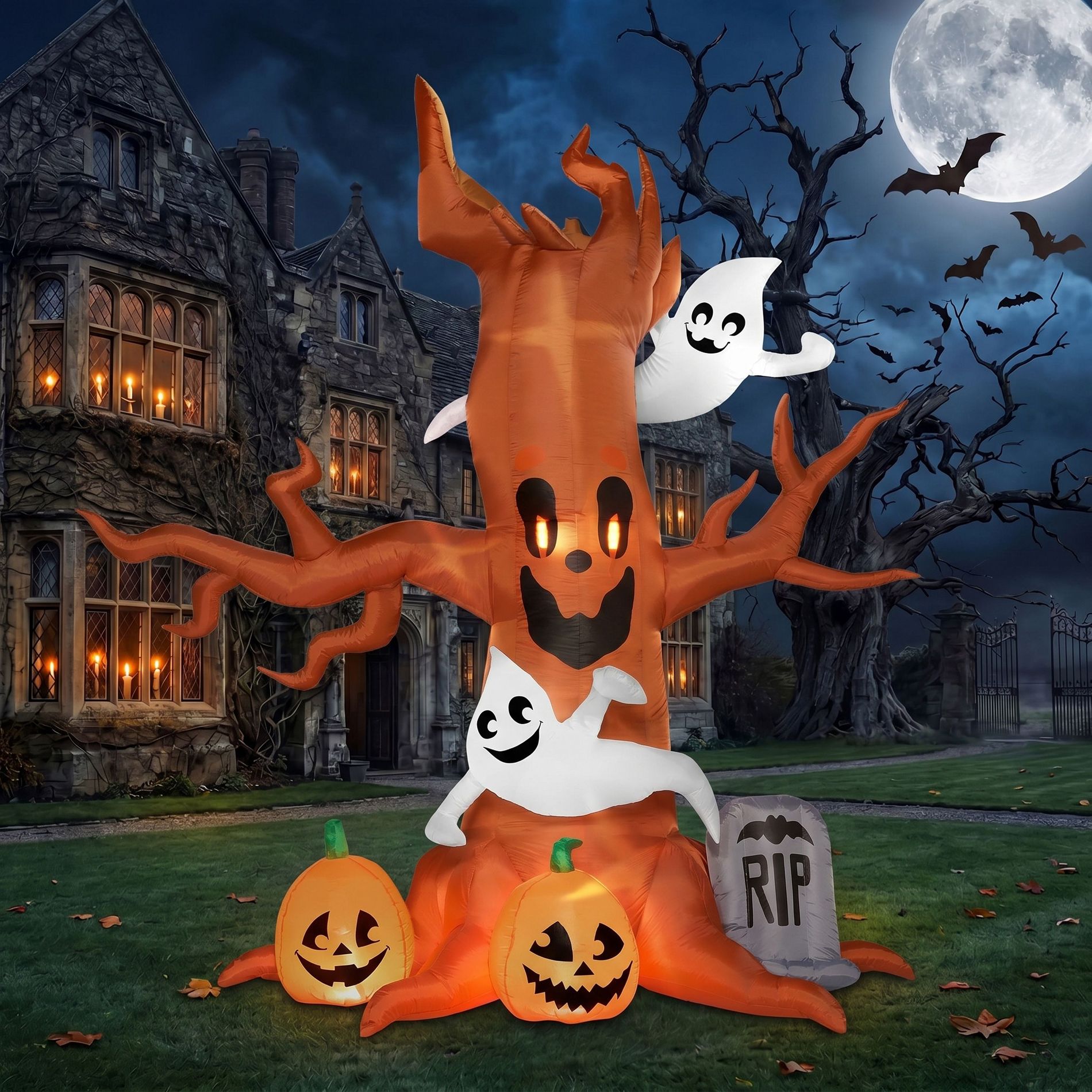 Joyfy 8 FT Halloween Inflatable Outdoor Decorations, Scary Tree with Ghost Pumpkin and Tombstone Inflatables with LEDs for Yard Garden Lawn Decoration