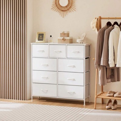 SKRAN Tall Fabric Clothes Cabinet Storage Organizers with 9 Drawers And Wood Top Surface Table Chest Of Drawers, Living Room, Hallway, Porch
