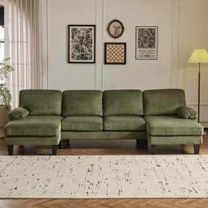 Karl Home |111.2  in. W Pillow Top Arm 3-Piece U-shaped Corduroy Sectionals in Green - 1 of 4