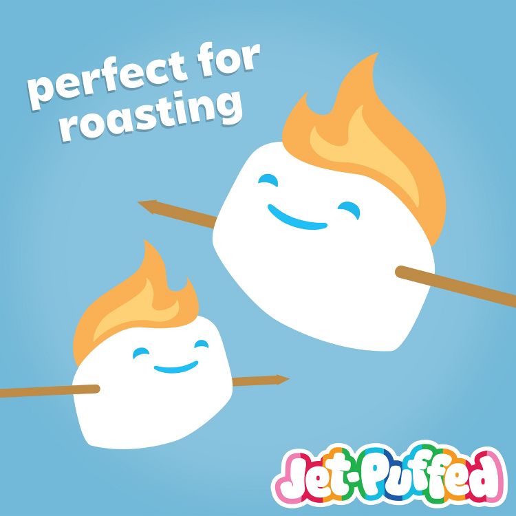 Two cartoon marshmallows with smiling faces and flame-like hair are skewered on sticks, with the text "perfect for roasting" above them and "Jet-Puffed" logo at the bottom.