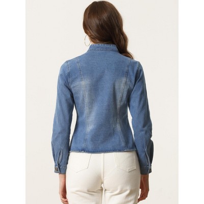 Женские куртки INSPIRE CHIC Women's Button Front Stand Collar Long Sleeve Jean Jackets with Pockets Medium White — фото 3