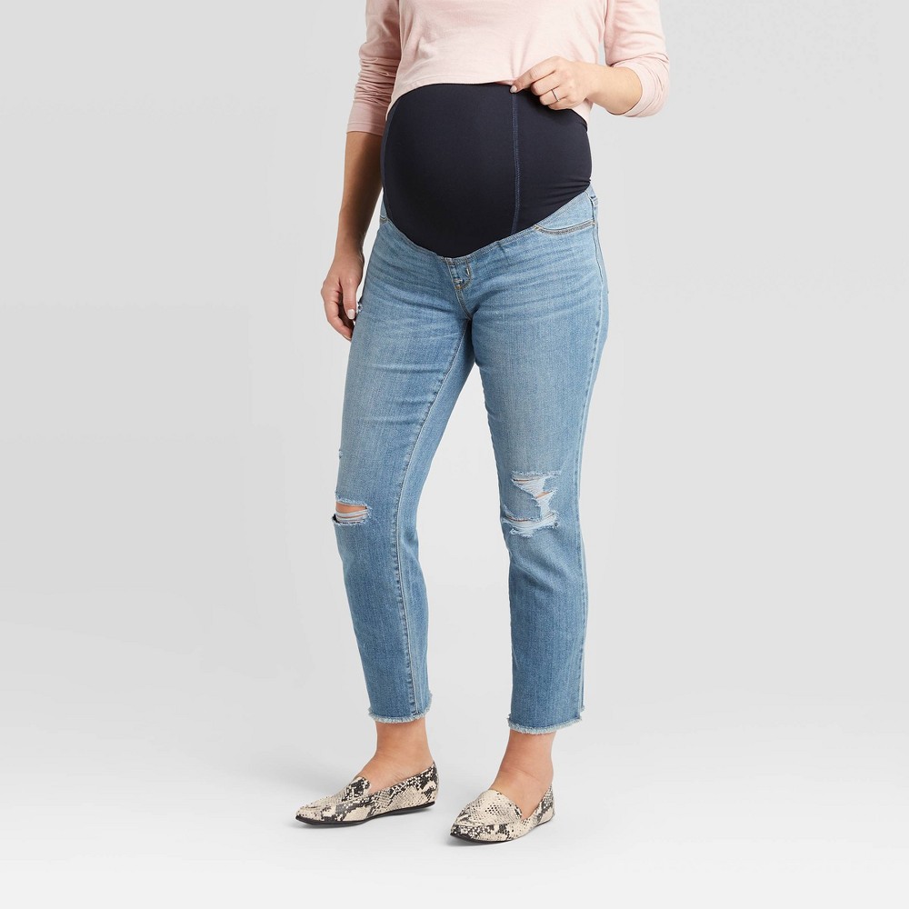 Over Belly Cropped Distressed Straight Maternity Jeans - Isabel Maternity by Ingrid & Isabel™ Blue 0