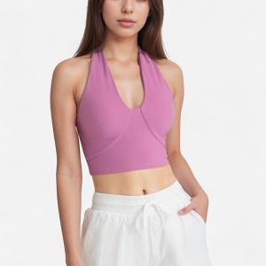 Anna-Kaci Active Women's Ribbed Halter Crop Tank Top with Deep V Neckline Seam Detailing - 1 of 4