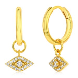 Bella Silver Sterling Silver Evil Eye CZ Charm Huggie Hoop Earrings - Gold Plated - Gold - 1 of 2