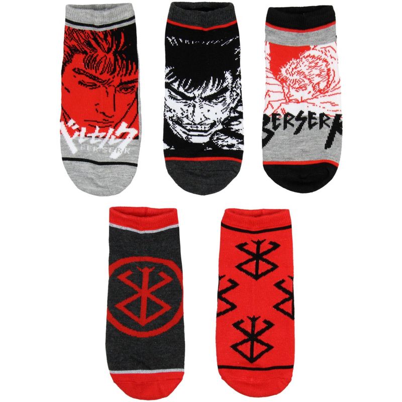 Berserk Socks Anime Guts Brand Of Sacrifice 5 Pack Mens No Show Ankle Socks Multicoloured, 1 of 8