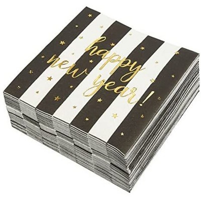 Blue Panda 50-Pack Happy New Year Gold Foil Disposable Cocktail Paper Napkins Party Supplies, Black & White