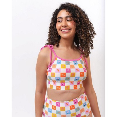 Lime Ricki Women's Flower Check Shoulder-Tie Crop Top