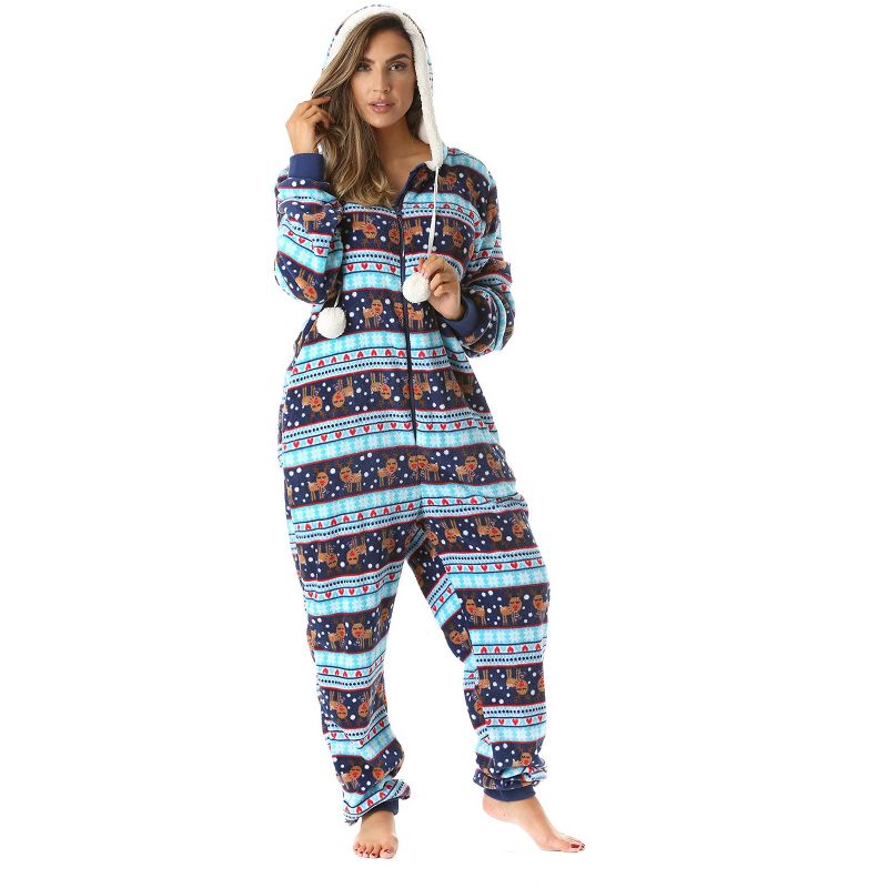 Just Love Womens One Piece Winter Holiday Adult Onesie Faux Shearling Lined Hoody Xmas Pajamas, 1 of 5