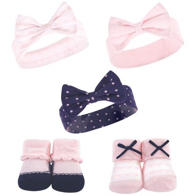 Hudson Baby Infant Girl Headband and Socks Set 5pk, Pink Polka Dot, 0-9 Months