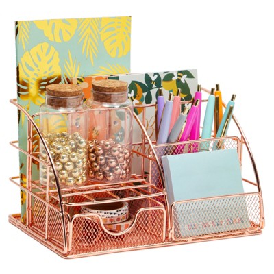 Set of 2 PAG Rose Gold Desk Organizer Pen Holder Office Supplies and Accessories Storage Caddy with Drawers 