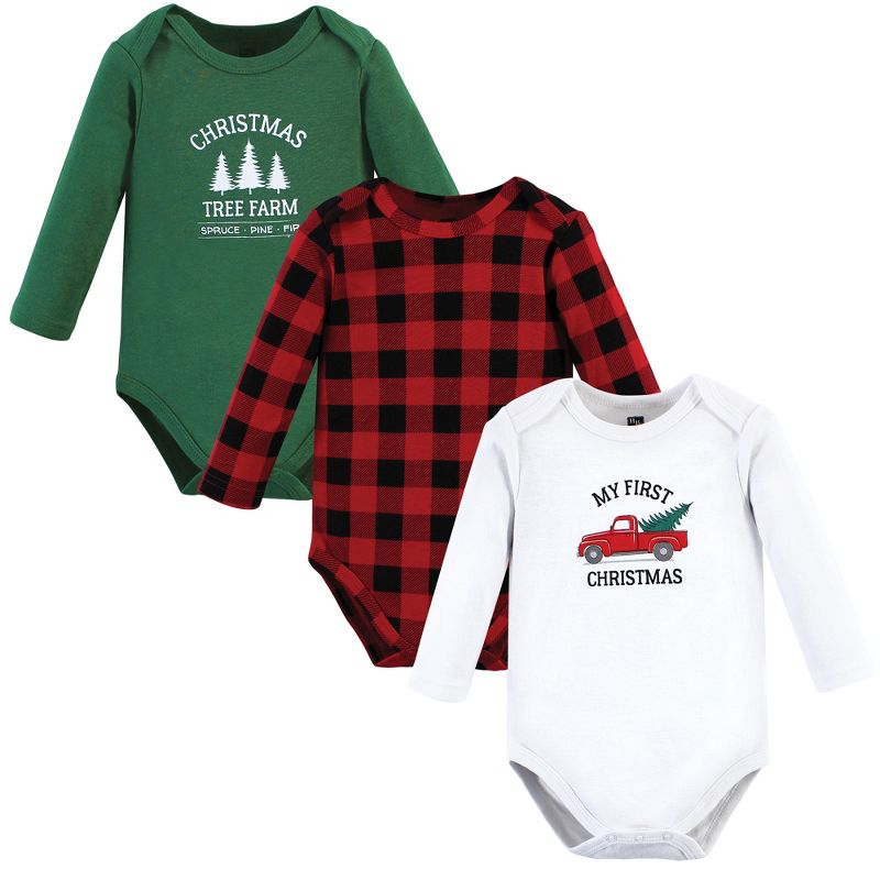 Hudson Baby Unisex Baby Cotton Long-Sleeve Bodysuits, Christmas Tree 3-Pack, 1 of 6