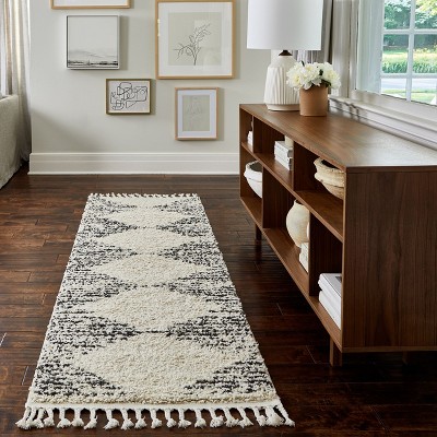 Off-White Synthetic Moroccan Diamond Shag Runner Rug with Braided Tassels