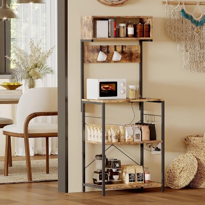 Acekool 4-Tier Bakers Rack with Power Outlets, Kitchen Microwave Stand, Storage Organizer, Shelf with Hooks, Coffee Bar Rack