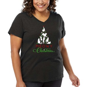 LA Pop Art Meowy Christmas Tree - Women's Word Art V-Neck - 1 of 4