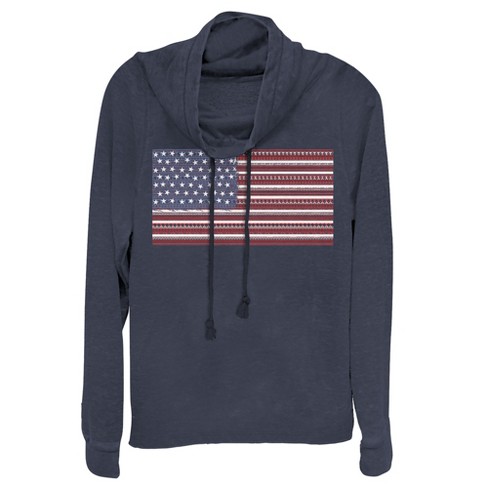 Junior's Lost Gods Fourth of July Ornate American Flag Cowl Neck Sweatshirt  - Navy Blue - Medium