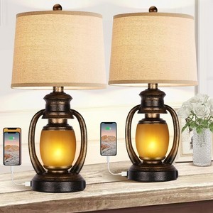 KTMBDW Set of 2 Farmhouse Lamps, Rustic Vintage Bedroom Nightstand Table Lamp with 2 USB and Outlet, Built-In Night Light, Black - 1 of 4