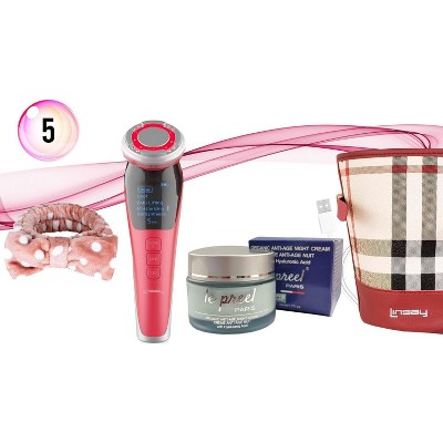 LINSAY Rejuvenation-Lifting Device EMS Technology Warm/Cool LED Facial Massage Bundle with Le preel Organic Night-Time Cream USB Cable Headband & Bag