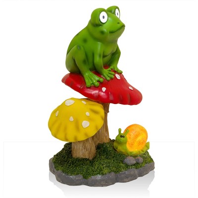 Solar-Powered Frog on Mushroom Polyresin Garden Statue with LED Eyes