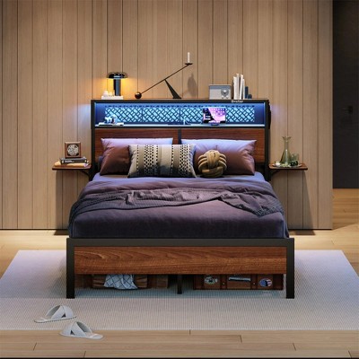 Bed Frame Metal Platform Bed with LED Storage Headboard Charge Station