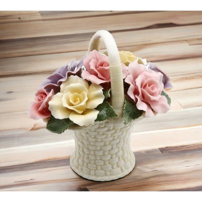 Pastel Ceramic Rose Flower Basket Figurine, 4.38 Inches