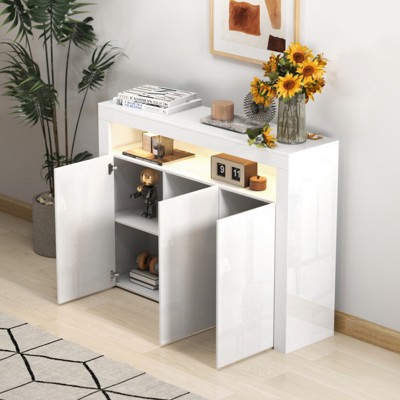 SKRAN Living Room Sideboard Storage Cabinet,Kitchen Unit Cupboard Buffet Wooden Storage Display Cabinet with 3 Doors for Hallway Dining Room, White