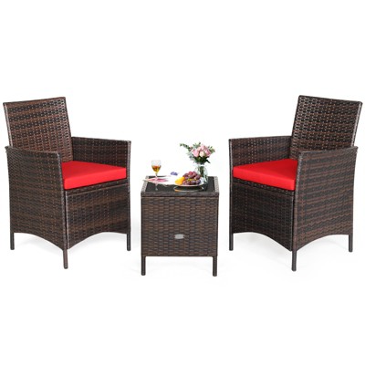 Tangkula 3 Pieces Patio Rattan Conversation Furniture Wicker Chairs with Coffee Table & Cushions Red/Blue/White