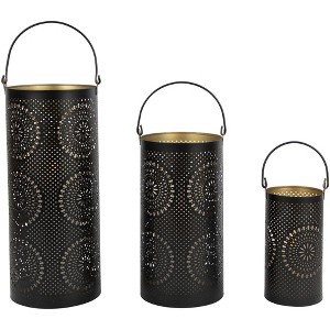 Northlight Laser-Cut Floral Pillar Candle Lanterns - 12" - Black and Gold - Set of 3 - 1 of 4