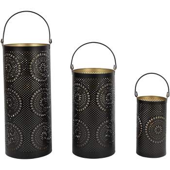 Northlight Set of 3 Black and Gold Laser-Cut Floral Pillar Candle Lanterns 12.5"