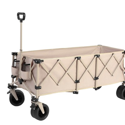 VisioGear Foldable Extended Wagon with 220lbs Weight Capacity, 300L Folding Utility Garden Cart with Drink Holders, Beige, 53.54"*21.26"*23.62"