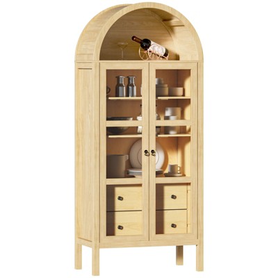 72" Tall Modern Farmhouse Arched Cabinet with Glass Doors and Auto Sensor Light Arch Storage Cabinet with Height Adjustable Shelf and 2 Drawers-Wood