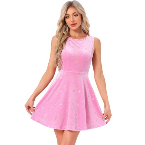 Женские платья INSPIRE CHIC Women's Shiny Stars Print Sleeveless Swing Mini Velvet Dress X-Large Pink