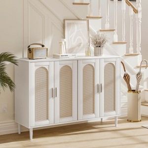 Rattan Buffet Cabinet with 4 Doors and Adjustable Shelves, Sideboard Console with Charging Station, Boho Wood Storage Cupboard for Dining Room - 1 of 4