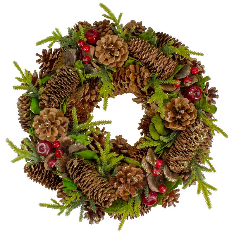 Northlight Real Touch™️ Glittered Pine and Pinecone Artificial Christmas Wreath - 13" - Unlit, 1 of 7