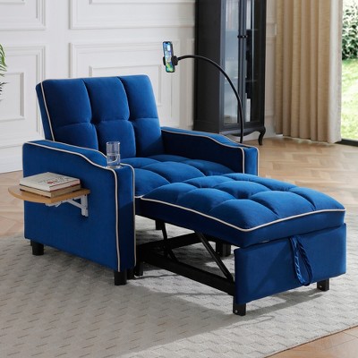 3-in-1 Adjustable Chaise Lounge with Side Table, Phone Holder&Cup box, Convertible Sofa Bed Sleeper Chair Accent Chair, Beige/Black/Blue-ModernLuxe
