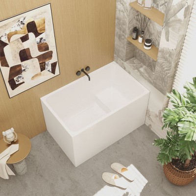 Zevemomo 43"Acrylic Freestanding Bathtub,Soaking Tub w/Seat, Chrome Overflow&Convenient Foot-Control Drain,Gloss White Bathtub,Contemporary Design Tub