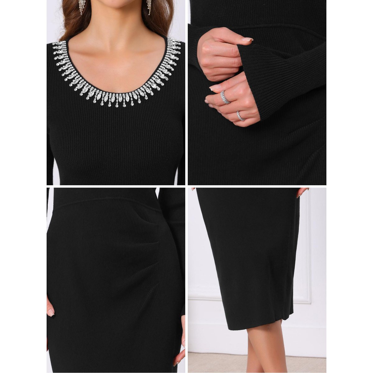 Женские платья INSPIRE CHIC Women's Knit Rhinestones Beaded Crew Neck Long Sleeve Cocktail Bodycon Dresses Medium Black — фото 5