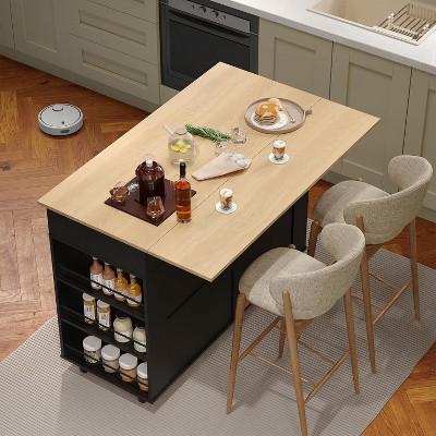 Kitchen Island Cart with Outlet & Drop Leaf, Kitchen Storage Cabinet On Wheels with 3 Drawers, Spice Rack & Towel Rack, Mobile Island Table