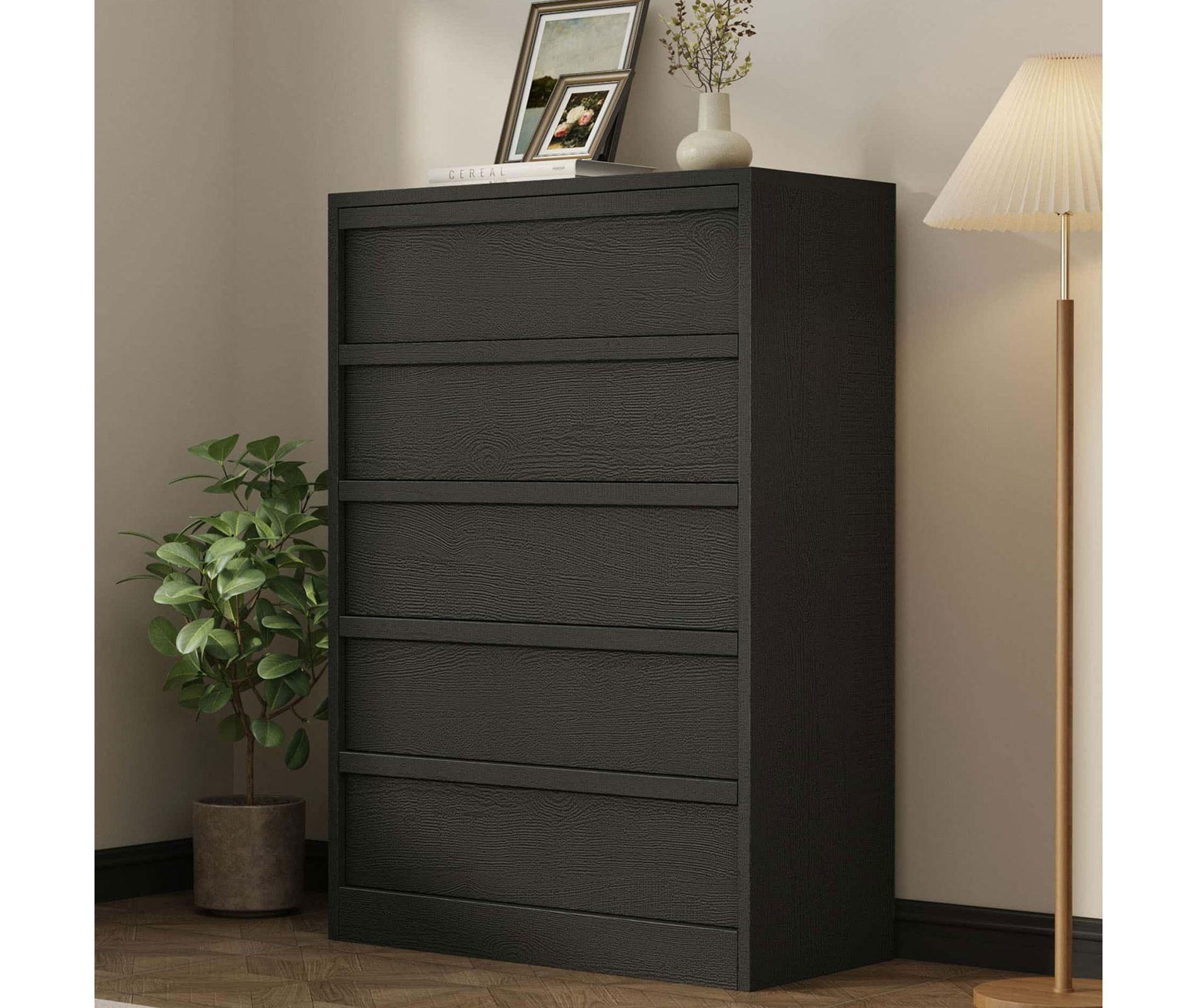 43in Tall 5 Drawer Dresser for Bedroom, Black Closet 5 Chest of Drawer with Handle-free Design, Modern Storage Organizer for Nursery Living Room