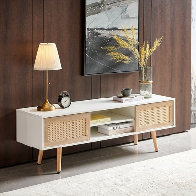 55" Rattan TV Cabinet, Boho Coffee Table Double Sliding Doors for Storage, Solid Wood Legs and Adjustable Shelf, TV Console for Living Room White