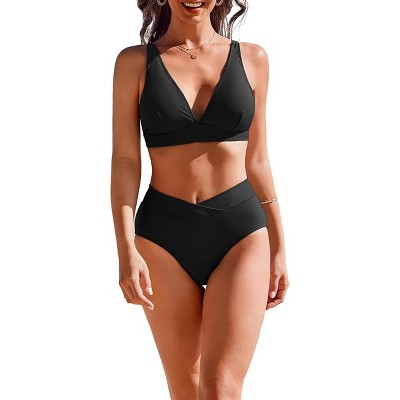 AI'MAGE High Waisted Bikini Set for Women Tummy Control Women's 2 Piece Bathing Suit V Neck Color Block Swimsuit 2025