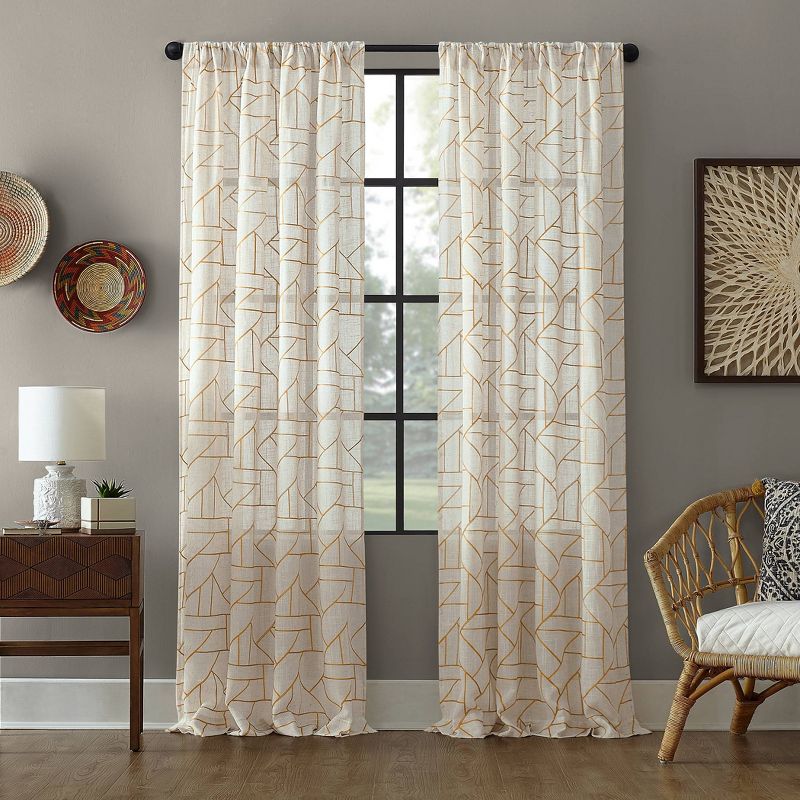1pc Light Filtering Jigsaw Embroidery Linen Blend Window Curtain Panel - Archaeo, 1 of 12