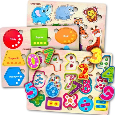 QUOKKA Wooden Puzzles for Kids 2 3 4 – Numbers Animals Shapes Puzzles for Toddlers 1 3 4 Year Old – Travel  Educational Game for Boys and Girls