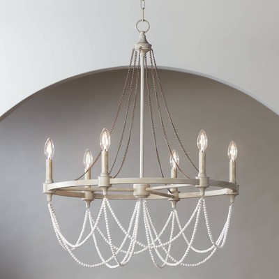 Beverly 28" French Washed Oak & Distressed White 6-Light Chandelier